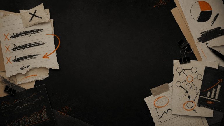 Dark, textured desk with scattered papers, charts, and orange annotations suggesting planning and analytics.