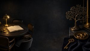 Family money meeting table with family tree and heirloom symbols