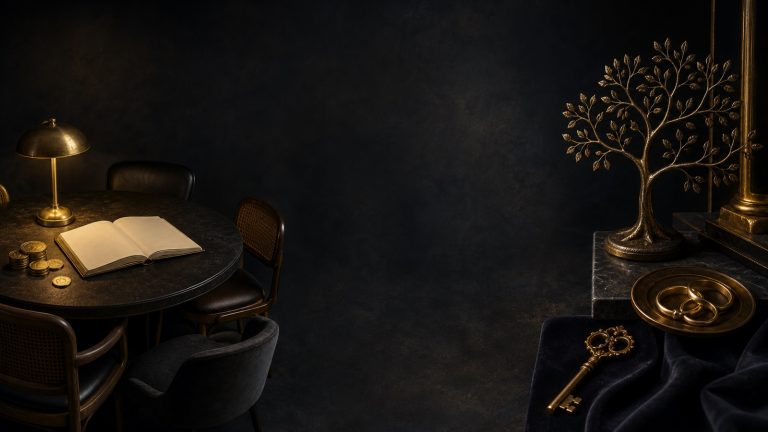 Family money meeting table with family tree and heirloom symbols
