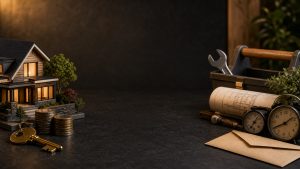 A model home with keys and coins opposite repair tools, plans, clocks, and insurance, showing costs beyond the mortgage.