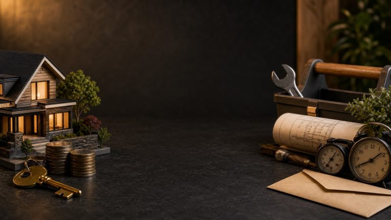 A model home with keys and coins opposite repair tools, plans, clocks, and insurance, showing costs beyond the mortgage.