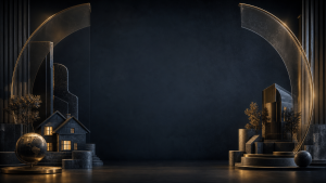 Abstract charcoal and antique gold composition representing insurance protection for home, business, and legacy.