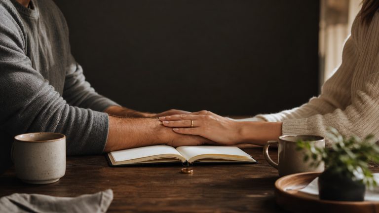 Married couple joining hands over an open notebook during a money conversation