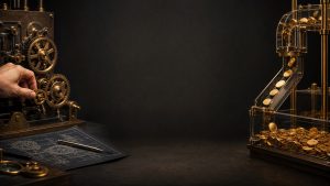 Brass gears being adjusted beside a transparent coin-flow machine, illustrating the active systems behind recurring cash flow.