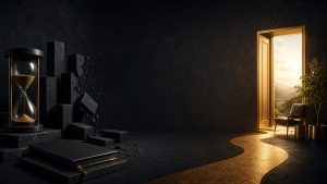 Rich Life Audit with an hourglass and an open doorway to a life of choice