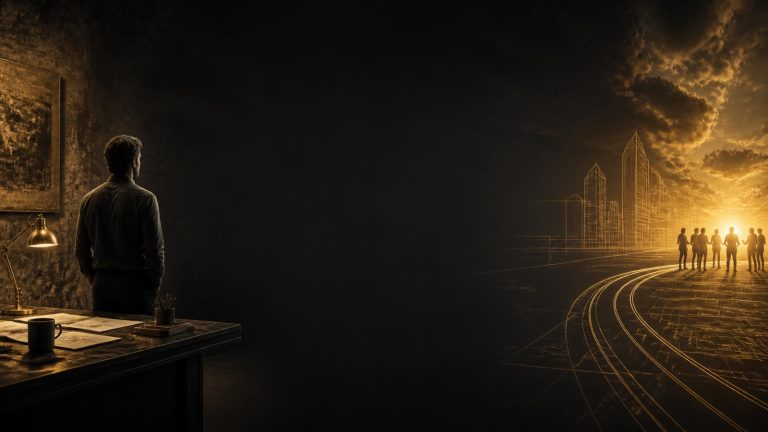 A visionary entrepreneur looking toward a collaborative golden horizon, representing how business vision creates value