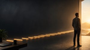 An entrepreneur following illuminated steps toward a sunrise, representing a one-year path to financial independence