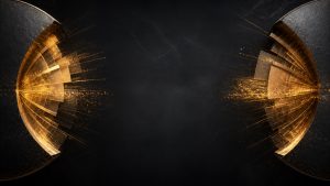 A dark circular form expanding into luminous gold layers, representing wealth beyond a fixed pie