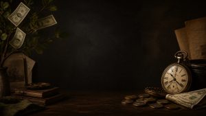 Symbolic money tree, pocket watch, coins, and family notes representing hidden financial scripts