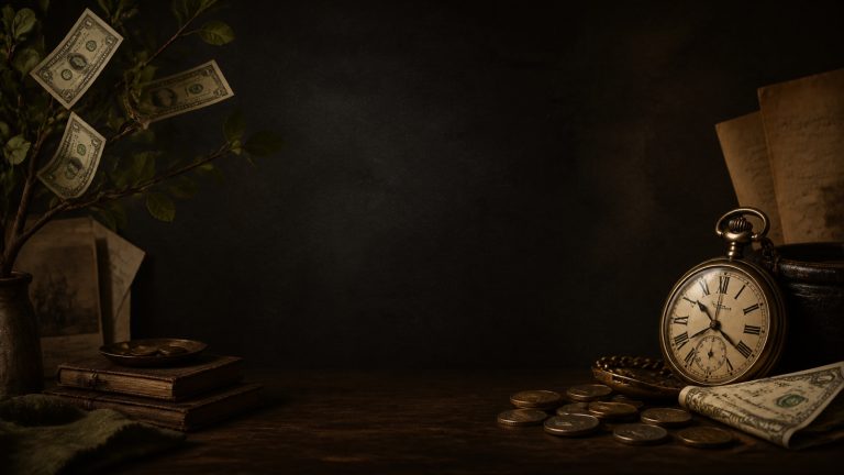 Symbolic money tree, pocket watch, coins, and family notes representing hidden financial scripts