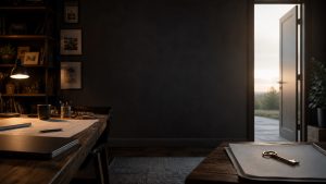 An entrepreneur’s working office beside an open doorway and a key, representing the choice to keep or sell a business