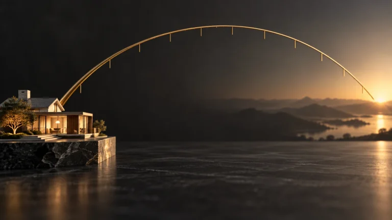 Model home beneath a brass arc illustrating a long mortgage horizon