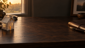 A handmade paper house and notebook on a quiet wooden desk