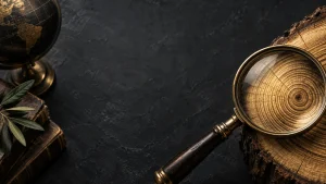 A magnifying glass enlarging tree rings, representing money amplifying existing character.