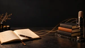 Notebook, books and microphone representing knowledge turned into intellectual property