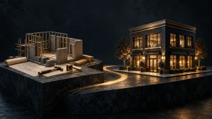 An unfinished business building and a completed operating business connected by a gold path