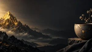 A mountain and repaired ceramic vessel representing achievement and emotional healing