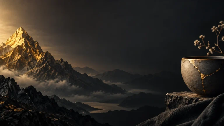 A mountain and repaired ceramic vessel representing achievement and emotional healing