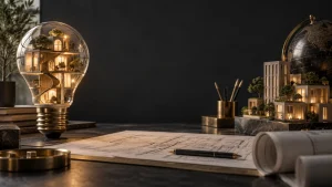 An illuminated light bulb containing architecture, representing an idea becoming a repeatable productive asset.