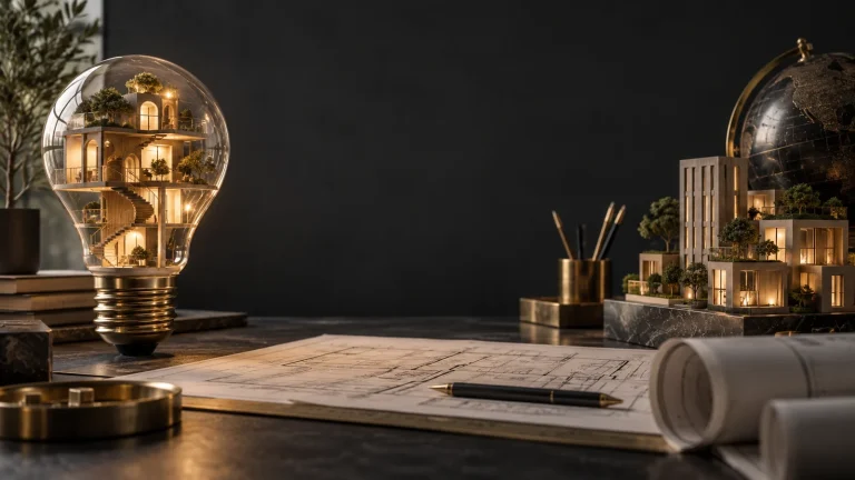 An illuminated light bulb containing architecture, representing an idea becoming a repeatable productive asset.
