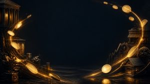 Gold coins moving through a productive financial system in a continuous flow